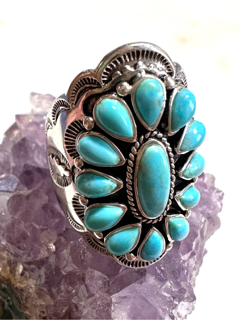 Turquoise Thai Hand-Embossed and Stamped Sterling Silver Cluster Statement Ring